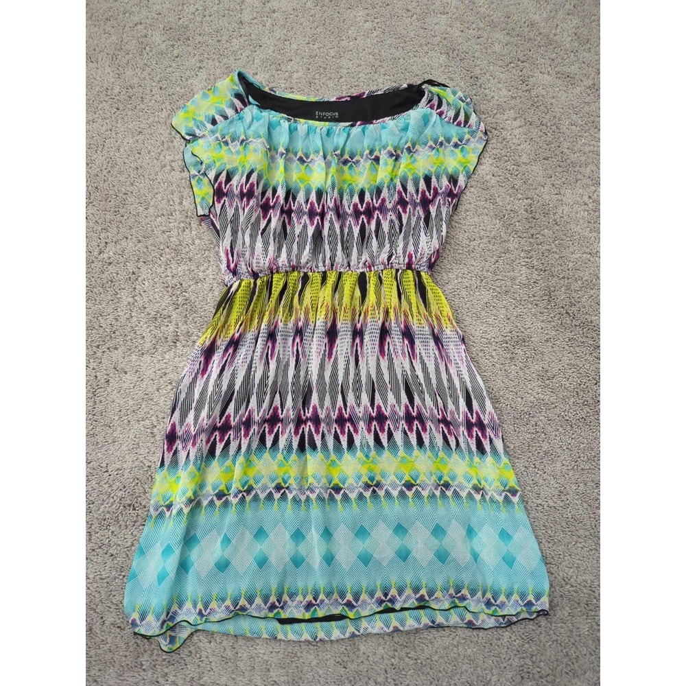 En Focus Studio Dress Womens 10 Colorful Geometric Cap Sleeve Elastic Waist Mini